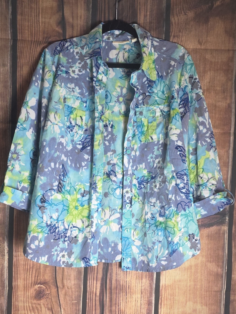 Studio Works L Floral Button-Down Shirt in Blue, Green & White